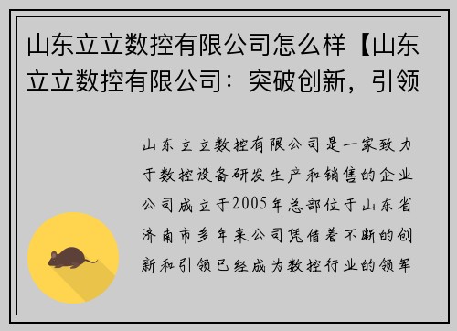 山东立立数控有限公司怎么样【山东立立数控有限公司:突破创新,引领数控行业发展】
